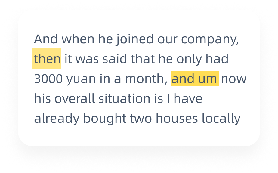 During Video Clipping, Gmax intelligently removes all filler words like 'um', 'uh', 'then', and 'ha'.